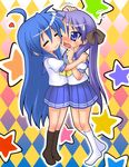  :3 ahoge black_legwear blue_hair blush bow hair_bow heart hiiragi_kagami hug izumi_konata kneehighs long_hair lucky_star mole mole_under_eye multiple_girls purple_hair rokko ryouou_school_uniform school_uniform serafuku socks sweatdrop white_legwear yuri 