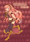  :&lt; basket bow braid hair_bow headphones highres long_hair megurine_luka pink_hair popurieru running skirt solo thighhighs valentine vocaloid 