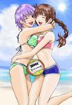  ayane_(doa) beach bikini braid breast_press breasts brown_hair closed_eyes day dead_or_alive hug hybrid_cat kasumi_(doa) long_hair medium_breasts multiple_girls ocean one_eye_closed outdoors purple_hair red_eyes short_hair siblings single_braid sisters smile swimsuit symmetrical_docking volleyball 