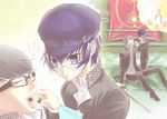  1girl blue_eyes blue_hair cabbie_hat chocolate couple feeding gakuran glasses hat hetero houndstooth narukami_yuu persona persona_4 sakurasawa_yukino school_uniform shirogane_naoto short_hair smile sword weapon yasogami_school_uniform 