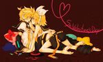  1girl barefoot blonde_hair blue_eyes blush brother_and_sister detached_sleeves feet hair_ornament hair_ribbon hairclip headphones incest kagamine_len kagamine_rin necktie ribbon sailor_collar short_hair shorts siblings twincest twins valentine vocaloid yellow_neckwear yukkii 