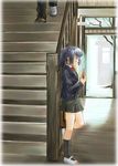  artist_request blue_hair border chocolate copyright_request fading_border school_uniform socks solo_focus stairs 