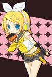  bad_id bad_pixiv_id belt blonde_hair blue_eyes bow detached_sleeves hair_ornament hairclip headset highres kagamine_rin linco midriff mouth_hold navel short_hair shorts solo valentine vocaloid 