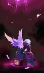  ayuka blue_hair copyright_request feathers male_focus purple purple_background sitting solo television white_hair wings 