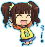  ^_^ bad_id bad_pixiv_id brown_hair chibi closed_eyes idolmaster idolmaster_(classic) idolmaster_1 jumping outstretched_arms raglan_sleeves solo spread_arms takatsuki_yayoi touma_rui twintails 