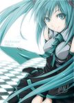  aqua_eyes aqua_hair character_name checkered checkered_floor detached_sleeves futami_kito hatsune_miku highres long_hair necktie skirt solo thighhighs twintails vocaloid 