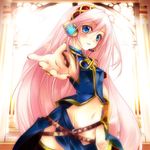 aqua_eyes bad_id bad_pixiv_id belt hands headset long_hair megurine_luka midriff navel outstretched_arm outstretched_hand pink_hair reaching shirokitsune solo thighhighs very_long_hair vocaloid 