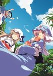  &gt;_&lt; asoka closed_eyes dutch_angle eating food fruit hat hinanawi_tenshi holding holding_food holding_fruit multiple_girls peach saigyouji_yuyuko touhou watatsuki_no_toyohime 