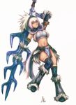  abs artist_request bandeau boots breasts brown_eyes elbow_gloves gloves hairband horn kirin_(armor) large_breasts long_hair midriff monster_hunter navel short_hair smile solo strapless sword thighhighs tubetop weapon white_hair 