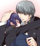  1girl blue_hair blush cabbie_hat couple grey_eyes grey_hair hat hetero hug kurimomo narukami_yuu persona persona_4 petting reverse_trap school_uniform shirogane_naoto short_hair yasogami_school_uniform 