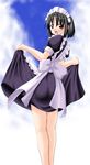  artist_request black_hair copyright_request dress dress_lift looking_back maid non-web_source orange_eyes short_hair solo 
