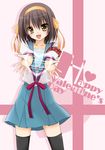  brown_eyes brown_hair happy_valentine kita_high_school_uniform medium_hair school_uniform serafuku solo suzumiya_haruhi suzumiya_haruhi_no_yuuutsu thighhighs tomosuke valentine 