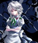  bad_id bad_pixiv_id braid crossed_arms izayoi_sakuya maid red_eyes ribbon shirue short_hair silver_hair solo touhou 