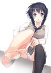  bad_id bad_pixiv_id barefoot black_hair black_legwear blue_eyes blush braid breasts feet hair_over_shoulder large_breasts long_sleeves open_mouth original panties single_thighhigh sitting skirt soles solo striped striped_panties sweater_vest thighhighs toes twin_braids underwear yappen 