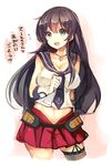  :3 :d agano_(kantai_collection) bad_id bad_pixiv_id black_hair breasts cis_(carcharias) cleavage garter_straps gloves green_eyes heart heart-shaped_lock heart_lock_(kantai_collection) heart_necklace jewelry kantai_collection large_breasts lock long_hair midriff miniskirt navel necklace open_mouth school_uniform serafuku single_thighhigh skirt sleeveless smile solo thighhighs translated white_gloves 