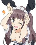 ;d animal_ears breasts brown_hair bunny_ears bunny_pose cleavage downblouse green_eyes looking_at_viewer maid maid_headdress medium_breasts okamoto_miyu one_eye_closed open_mouth simple_background smile solo twintails umanosuke wake_up_girls! white_background 