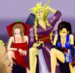  2boys 2girls aerith_gainsborough black_hair blonde_hair blue_eyes braid breasts brown_hair cleavage cloud_strife crossdressing don_corneo dress facial_hair final_fantasy final_fantasy_vii fingerless_gloves gloves green_eyes legs lipstick makeup multiple_boys multiple_girls mustache nokohe pink_lipstick purple_dress red_dress red_eyes shorts smile tifa_lockhart twin_braids 