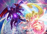  :o aida_mana bat_wings battle blonde_hair boots bow clenched_hand cure_heart cure_heart_parthenon_mode curly_hair dokidoki!_precure duel flying foreshortening knee_boots long_hair magical_girl monster multiple_arms munakata muscle pink_eyes planet ponytail precure proto-jikochuu ribbon skirt wings 