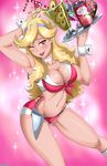  1girl blonde_hair blush breasts cleavage earrings honey_(space_dandy) jewelry long_hair looking_at_viewer midriff navel red_eyes serving_tray shadman short_shorts shorts solo space_dandy waitress wink wrist_cuffs 