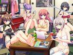  5girls barefoot bedroom black_hair blue_eyes bottle box bra breasts brown_hair bullet cd chair character_request computer crossed_arms feet game_cg garter_straps glasses green_eyes grey_hair headphones highres kneeling large_breasts legs lingerie long_hair magazine misuzu_mei multiple_girls navel orange_hair otakano_konna_ni_kawaii_kanojo_ga_otaku_na_wake_ga_nai panties pillow playstation_portable ponytail poster psp purple_eyes purple_hair sitting small_breasts soles sony striped striped_panties sword table thighhighs thighs toes twintails underwear weapon 