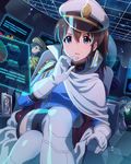  blue_eyes brown_hair crossed_legs gloves hakozaki_serika hat holographic_interface idolmaster idolmaster_million_live! military military_hat military_uniform multiple_girls nanao_yuriko official_art peaked_cap photo_(object) satake_minako sitting thighhighs uniform yabuki_kana 