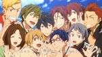  6+boys amakata_miho black_hair blonde_hair blue_eyes blue_hair brown_eyes closed_eyes end_card ending english everyone free! glasses goggles goggles_around_neck green_eyes hazuki_nagisa highres long_hair matsuoka_gou matsuoka_rin mikoshiba_seijuurou mole mole_under_eye multiple_boys multiple_girls nanase_haruka_(free!) nitori_aiichirou official_art one_eye_closed orange_hair purple_eyes red-framed_eyewear red_eyes red_hair ryuugazaki_rei sasabe_gorou short_hair smile tachibana_makoto thumbs_up v yellow_eyes 