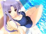  1girl arm_support bare_shoulders breasts brown_eyes cleavage feet_in_water female fingernails from_above game_cg hand_on_thigh hands iizuki_tasuku long_hair looking_at_viewer looking_up lovely_x_cation lovely_x_cation_2 narukawa_hime one-piece_swimsuit ponytail pool poolside purple_hair shade sitting smile soaking_feet solo swimsuit thighs wading water wet wet_hair 