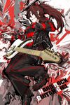  black_jacket brown_hair english full_body guitar highres instrument jacket light_smile long_hair long_sleeves original pants parted_lips ponytail red_eyes shoes sneakers tsukuba_masahiro 