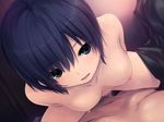  1girl bare_shoulders blue_eyes blue_hair blush breasts censored clothes coffee-kizoku collarbone dakimakura dutch_angle from_above game_cg hair_between_eyes indoors looking_at_viewer looking_up love_es_m nipples nude open_mouth penis pov sex short_hair solo_focus spread_legs sweat tsurutani_ayaka 