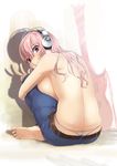  back barefoot belt blush breasts butt_crack crossed_legs denim downpants from_behind guitar headphones huge_breasts instrument jeans long_hair looking_at_viewer looking_back mouth_hold nitroplus panties pants pink_hair red_eyes shiny shiny_skin sideboob sitting skindentation solo super_sonico thong topless u_nagi underwear v whale_tail 