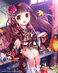  autumn_leaves brown_eyes brown_hair japanese_clothes lantern long_hair looking_at_viewer open_mouth original sitting smile solo tin_(wsp85205) 