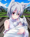  animal_ears baby bare_shoulders blush detached_sleeves highres inubashiri_momiji mother_and_child noa_(nagareboshi) red_eyes short_hair silver_hair sleeping smile tail touhou wolf_ears wolf_tail 