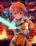  artist_request bodysuit brown_eyes brown_hair energy_sword headband idolmaster idolmaster_million_live! official_art orange_bodysuit parody science_fiction short_hair star_wars sword weapon yabuki_kana 