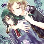  1girl brown_eyes brown_hair couple green_hair hetero hood hoodie hug hug_from_behind kagerou_project kano_shuuya kido_tsubomi long_hair minorikoike short_hair 