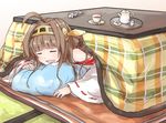  ahoge brown_hair closed_eyes cup detached_sleeves drooling hairband japanese_clothes kantai_collection kongou_(kantai_collection) kotatsu long_hair nontraditional_miko open_mouth pillow plaid raikou_(gotaishu) ribbon-trimmed_sleeves ribbon_trim saliva sleeping solo table teacup under_kotatsu under_table wide_sleeves 