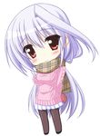  arms_behind_back black_legwear blush breasts casual chibi endori holding long_hair long_sleeves lyrical_nanoha mahou_shoujo_lyrical_nanoha mahou_shoujo_lyrical_nanoha_a's medium_breasts pantyhose red_eyes reinforce silver_hair single_hair_intake skirt smile solo sweater white_background 