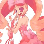  bare_shoulders big_hair blonde_hair bow dress drill_hair earrings eyepatch from_behind hair_bow harime_nui heart huge_bow jewelry kill_la_kill long_hair niwo_(husyokuhu) open_mouth pink_bow pink_dress purple_eyes ringed_eyes smile solo strapless strapless_dress teeth twin_drills twintails umbrella very_long_hair white_background wrist_cuffs 