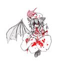 amputee arrow ascot bat_wings bleeding blood boots dress full_body hat injury monochrome oni_tengu puffy_short_sleeves puffy_sleeves remilia_scarlet short_hair short_sleeves simple_background touhou traditional_media white_background wings 