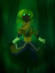  am24 blonde_hair blood blood_on_face bloody_tears crying glowing glowing_eyes green green_background green_eyes highres horror_(theme) mizuhashi_parsee solo touhou 
