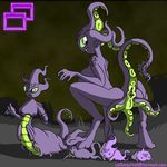  5_fingers alien anus baby big_breasts breasts digitigrade female gaping gaping_anus green_eyes kneeling long_tail looking_back mother nipples open_mouth outside parent purple_body pussy raised_tail rubble sky slushy standing teeth tentacles young 