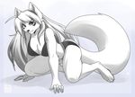  bra breasts canine claws cleavage cleo_(yutrah) clothed clothing crouching female fur grey_eyes hair hairband lapres long_hair looking_at_viewer mammal markings panties pose skimpy solo toe_claws underwear white_fur white_hair wolf 