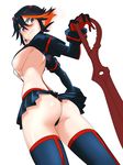  ass bad_id bad_pixiv_id black_hair blue_eyes boots breasts chikuishi from_below highres kill_la_kill large_breasts looking_back matoi_ryuuko microskirt multicolored_hair panties pleated_skirt red_hair revealing_clothes scissor_blade senketsu short_hair sideboob simple_background skirt suspenders thigh_boots thighhighs thong two-tone_hair underboob underwear white_background 