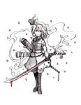  alternate_costume armband blood boots dripping flower hair_ribbon hitodama holding konpaku_youmu konpaku_youmu_(ghost) legs_together long_sleeves looking_at_viewer monochrome necktie oni_tengu pocket red_eyes ribbon sheath simple_background sword touhou uniform weapon white_background 