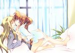  barefoot blonde_hair blue_eyes blush breast_press breasts brown_hair dress_shirt fate_testarossa holding_hands interlocked_fingers long_hair lyrical_nanoha mahou_shoujo_lyrical_nanoha_strikers medium_breasts multiple_girls naked_shirt open_mouth shirt side_ponytail smile symmetrical_docking takamachi_nanoha tama_two_(fukuya) yuri 