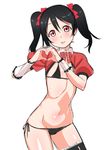  bikini black_bikini black_hair blush bow chikuishi crop_top flat_chest hair_bow heart heart_hands looking_at_viewer love_live! love_live!_school_idol_project micro_bikini navel open_mouth red_eyes short_hair simple_background smile solo string_bikini swimsuit twintails white_background yazawa_nico 