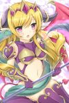  blonde_hair blush demon_wings fang headdress horns lilith_(p&amp;d) long_hair natsume_kei navel open_mouth pointy_ears puzzle_&amp;_dragons red_eyes scythe snake wavy_hair wings 