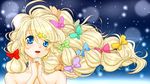  bad_id bad_pixiv_id bare_shoulders blonde_hair blue_eyes bow hair_bow hair_ornament hair_ribbon hairclip highres interlocked_fingers long_hair original ribbon ruka0811r sky smile solo star_(sky) starry_sky 