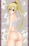  ahoge ass blonde_hair blue_eyes blush breasts flower fundoshi hair_ornament highres japanese_clothes jeanne_kaguya_d'arc large_breasts long_hair looking_back nobunaga_the_fool pasya-pasya ponytail sarashi shiny shiny_skin skindentation solo standing 