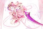  blonde_hair blue_eyes boots bow dress drill_hair earrings eyepatch flower hair_bow harime_nui jewelry kill_la_kill kyer life_fiber long_hair pink_bow pink_footwear red_string rose scissor_blade smile solo spoilers strapless strapless_dress string twin_drills twintails weapon 