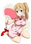  \||/ alternate_hairstyle anklet between_legs blonde_hair blue_eyes blush bracelet china_dress chinese_clothes dress fan flower folding_fan hand_between_legs jewelry k-on! kotobuki_tsumugi long_hair looking_at_viewer official_style open_mouth pumps ragho_no_erika round_teeth side_ponytail simple_background sitting smile solo teeth wariza white_background 